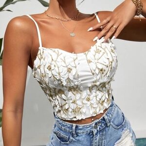 SHEIN Women's S White Spaghetti Strap Embroidered Floral Zip Back Cami Crop Top
